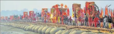  ??  ?? Grand entry of the Akhadas to their respective places at the mela area.