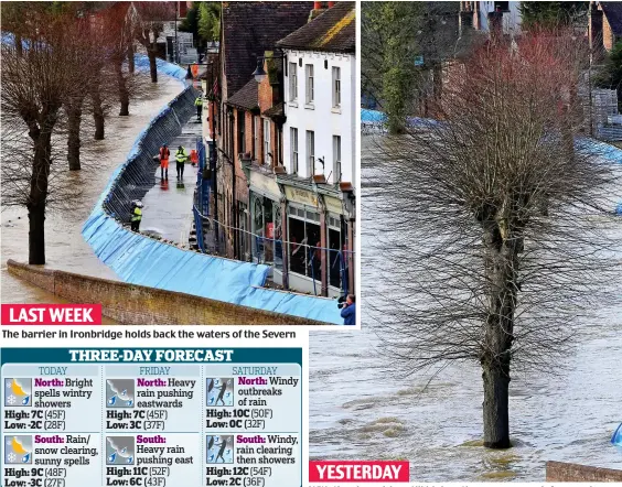  ??  ?? The barrier in Ironbridge holds back the waters of the Severn
With the river rising still higher, the emergency defences give way and floodwater inundates shops and homes in the historic town’s Wharfage area YESTERDAY LAST WEEK