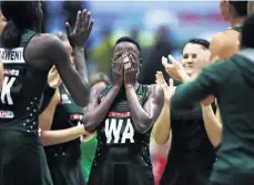  ?? /NAOMI BAKER/GETTY IMAGES ?? Bongiwe Msomi of South Africa reacts to teammates singing her happy birthday after their victory against England Vitality Roses in London, England on Saturday.