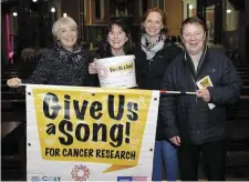  ??  ?? Give us a Song for Cancer Research with the Caroline Foundation at the Holy Redeemer: Helen O’Sullivan Dwyer, Bernie O’Broin, Rita Lehane and Kieran Leonard. SEE NUMBER 4