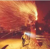  ?? NOAH BERGER/AP 2020 ?? A firefighte­r passes a burning tree while battling a wildfire in Orange County, California. Five of the six largest wildfires in state history occurred last year.