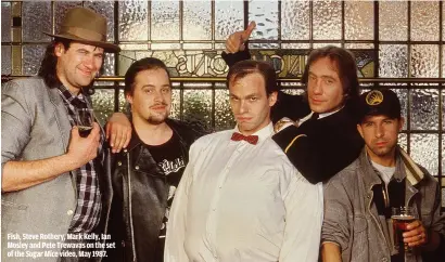  ?? ?? FISH, STEVE ROTHERY, MARK KELLY, IAN MOSLEY AND PETE TREWAVAS ON THE SET OF THE SUGAR MICE VIDEO, MAY 1987.