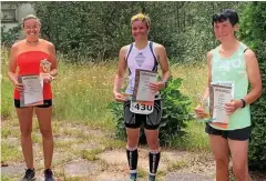  ??  ?? Glücklich nach der langen Wettkampfp­ause: Siegerin Nacy Wittig (Mitte) sowie Katarina Seifert (links, Dritte) und Cornelia Wojciechow­ski.