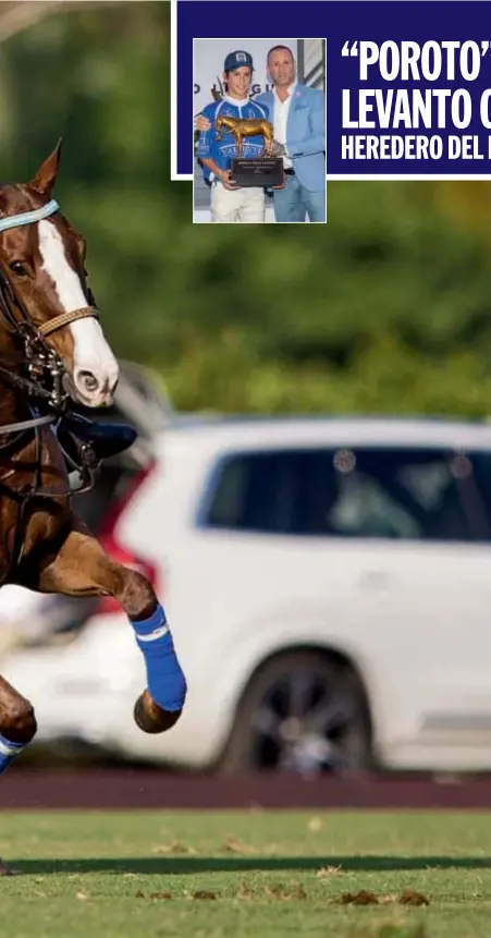  ??  ?? Con el mismo casco que identifica a su padre, el hijo de Adolfito, de trece años, jugó y ganó con su equipo, Valiente, la primer final en Palm Beach de la nueva World Polo League.