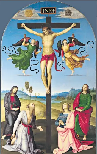  ??  ?? The Crucified Christ with the Virgin Mary, Saints and Angels by Raphael (1502-03), above, and Howard Goodall, left