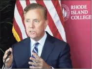  ?? Steven Senne / Associated Press ?? Gov. Ned Lamont speaks to the media in Providence, R.I., on Oct. 24, 2019. If the state’s sports-gambling system starts up this fall, as expected, UConn fans and foes may have to go over the border to place bets.