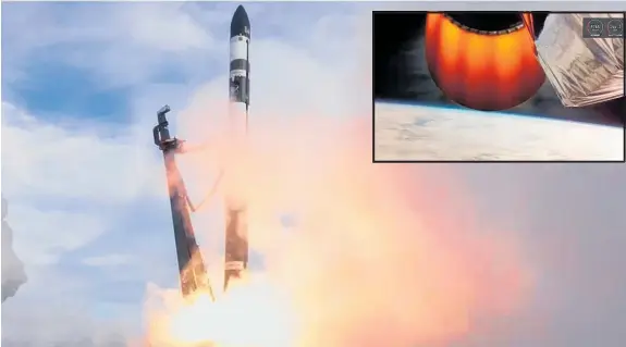  ?? Photos / Rocket Lab ?? The rocket launched successful­ly but started sliding backwards about three minutes into its second-stage burn (inset).