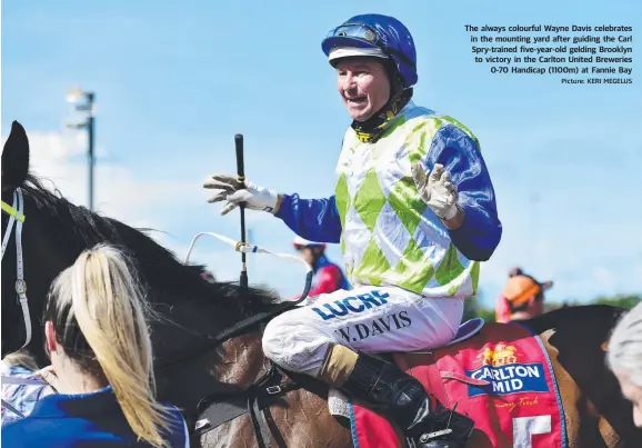  ?? Picture: KERI MEGELUS ?? The always colourful Wayne Davis celebrates in the mounting yard after guiding the Carl Spry-trained five-year-old gelding Brooklyn to victory in the Carlton United Breweries 0-70 Handicap (1100m) at Fannie Bay