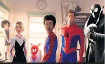  ??  ?? From left: Peni Parker, Spider-Gwen, Spider-Ham, Miles Morales, Peter Parker and Spider-Man Noir