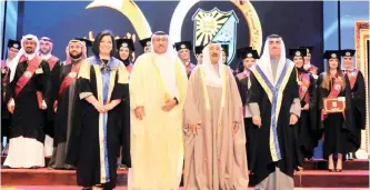  ??  ?? His Highness the Amir Sheikh Sabah Al-Ahmad Al-Jaber Al-Sabah, Minister of Education and Minister of Higher Education Dr Mohammad Al-Faris, Kuwait University President Professor Dr Hussain Al-Ansari and other KU officials pose with KU graduates.