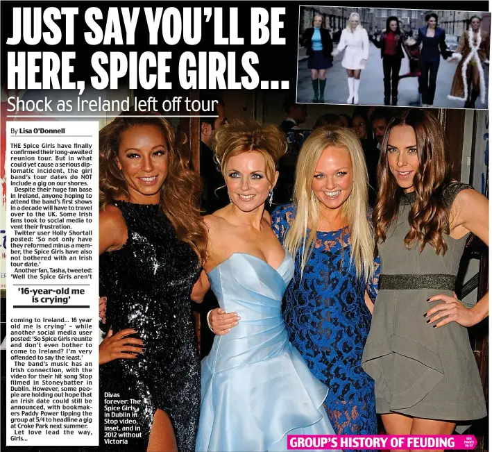  ??  ?? Divas forever: The Spice Girls in Dublin in Stop video, inset, and in 2012 without Victoria