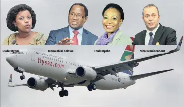  ?? PHOTO: SIMPHIWE MBOKAZI ?? Dudu Myeni
Monwabisi Kalawe
Thuli Mpshe
Nico Bezuidenho­ut
An SAA plane comes to land at OR Tambo Airport. Inset: the main actors in the carrier’s continuous leadership rows.