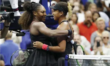  ??  ?? Naomi Osaka and Serena Williams meet at the net after last year’s US Open final. Photograph: John G. Mabanglo/EPA