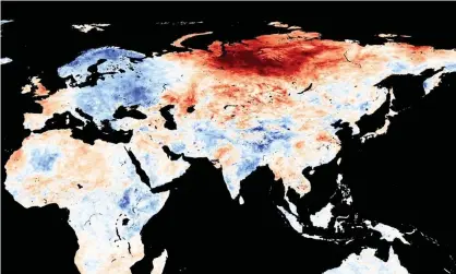  ??  ?? A map showing places warmer (red) or cooler (blue) in May than the long-term average. Photograph: Modis/NEO/Nasa