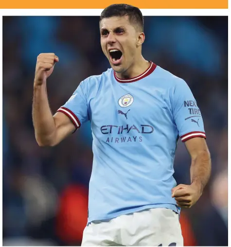  ?? Getty ?? Rodri celebrates after Manchester City’s Champions League semi-final victory over Real Madrid on Wednesday