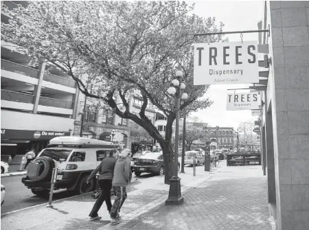  ??  ?? Trees Dispensary at 546 Yates St. in Victoria has been rezoned to allow for the retail sale of cannabis. The city has created zoning and licensing bylaws to regulate dispensari­es.