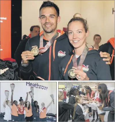  ??  ?? Top, Chris and Gabby Adcock show off their gold medals; left, members of the gold medal-winning England women’s netball team; right, schoolchil­dren beg autographs from their sporting heroes at the Team England homecoming at Heathrow Airport.