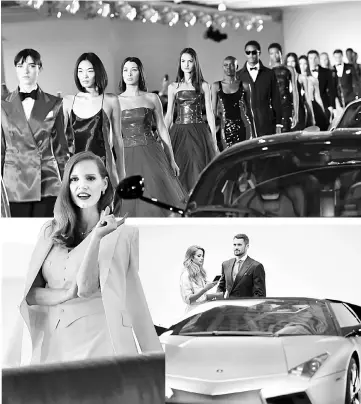  ??  ?? (Clockwise from top) Models walk the runway for the Ralph Lauren Collection 2017 show in his garage in Bedford, New York on Tuesday • Model Kate Bock and Kevin Love and actress Jessica Chastain attend the Ralph Lauren Collection 2017 show in his garage...