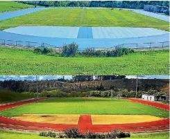  ??  ?? The new blue surface at the Manawatu¯ Community Athletics Track, and how it used to look.