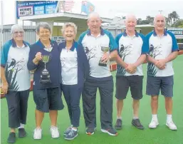  ?? ?? Men’s and women’s club championsh­ip triples winners: Pam Roughton, Pam Naylor, Shirley Marr, Ross Hulme, Geoff Laird and Dennis Breckon.