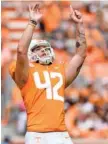  ?? STAFF PHOTO BY ROBIN RUDD ?? Brent Cimaglla celebrates his field goal against the University of Texas El Paso Miners on Saturday.