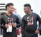  ?? JEROME MIRON/USA TODAY SPORTS ?? Kyler Murray, left, and Marquise Brown, who were teammates at Oklahoma, have been reunited in Arizona.