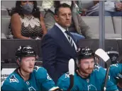 ?? NHAT V. MEYER — BAY AREA NEWS GROUP FILE ?? San Jose Sharks head coach Bob Boughner watches the game from the bench against the Los Angeles Kings in the second period at the SAP Center in San Jose on Sept. 28, 2021.