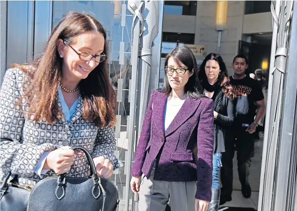  ??  ?? DREAM BECAME A NIGHTMARE: Ellen Pao, centre, with her attorney Therese Lawless, left, leaves the Civic Centre Courthouse during a lunch break in her trial in San Francisco.