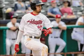  ?? James Franco / Special to the Times Union ?? The Valleycats’ Nelson Molina rips a double against Washington on Friday at Joseph L. Bruno Stadium in Troy. Tri-city won 5-4 in 10 innings.