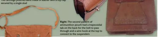  ?? ?? Right: The second pattern of ammunition pouch had a trapezoida­l tab on the back for the belt to pass through and a wire hook at the top to connect to the suspenders