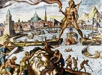  ?? WIKIMEDIA COMMONS ?? Maerten van Heemskerck’s rendering of the Colossus of Rhodes, one of the world’s Seven Wonders.