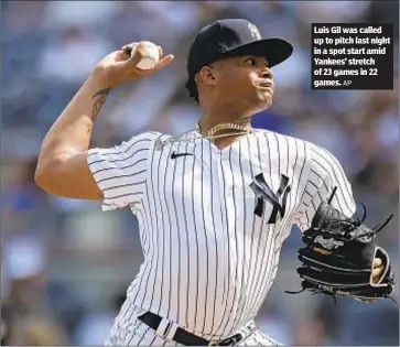  ?? AP ?? Luis Gil was called up to pitch last night in a spot start amid Yankees’ stretch of 23 games in 22 games.