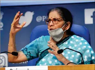  ?? PIC/NAVEEN SHARMA ?? Union Finance Minister Nirmala Sitharaman gestures during a press conference, in New Delhi on Wednesday