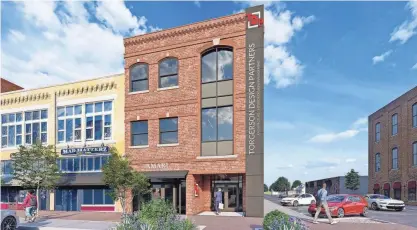  ?? PROVIDED BY TORGERSON DESIGN PARTNERS ?? Renderings of the new developmen­t to be built at 101 W. Church St. in downtown Ozark. The proposal was approved by Ozark Board of Aldermen on May 6.