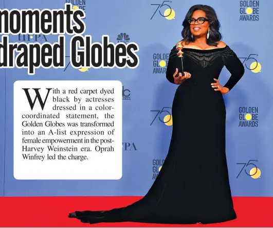  ??  ?? Oprah Winfrey poses in the press room with the Cecil B. DeMille Award at the 75th annual Golden Globe Awards.