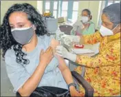  ??  ?? A woman being administer­ed Covid-19 vaccine in Kullu.