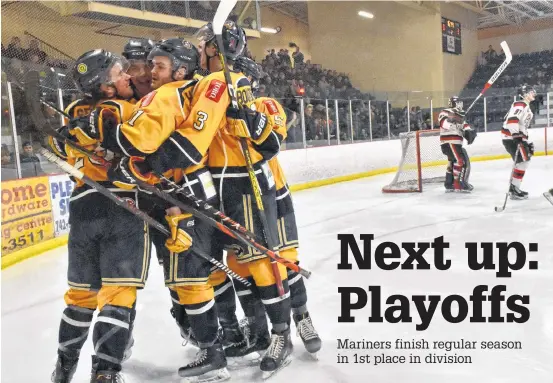  ?? TINA COMEAU PHOTOS ?? The Yarmouth Mariners celebrate a second-period goal scored by Ben Charles of Yarmouth during their 4-0 victory over Pictou during their last 2019-2020 regular season game. The Mariners ended the season in 1st place in their division.