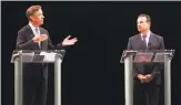  ?? Christian Abraham / Hearst Connecticu­t Media ?? Ned Lamont, left, speaks as he and Bridgeport Mayor Joe Ganim debate Thursday at the Shubert Theatre in New Haven.