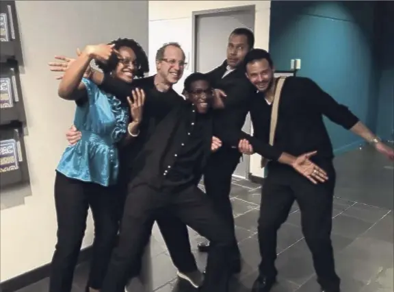  ?? Provided ?? From left, Briola Nugent, Albany Symphony conductor David Alan Miller, Mohamad Kanneh, Andre Myers and Albany High School chorus director Brendan Hoffman celebrate at EMPAC after a performanc­e of Myers’ “Studies in Hope: Frederick Douglass.”