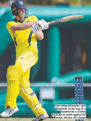  ??  ?? Fast-rising allrounder Jack Edwards on his way to a hundred for a Cricket Australia XI outfit against NT Strike. Picture: NT Cricket