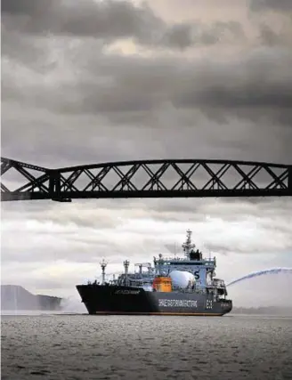  ??  ?? carrying shale gas from the US, arrives in the Firth of Forth yesterday