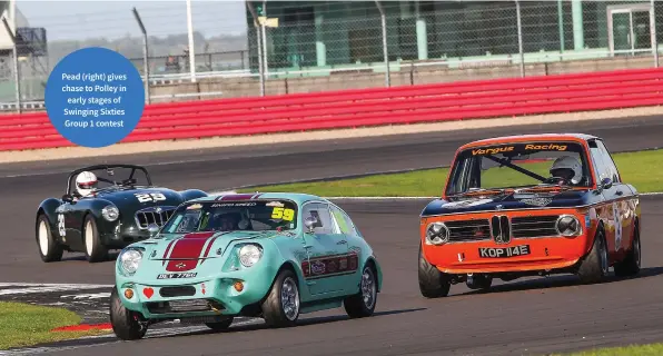  ?? ?? Pead (right) gives chase to Polley in early stages of Swinging Sixties Group 1 contest