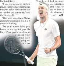  ?? PHOTO BY PAUL CROCK/AFP ?? UPSET WIN
Germany’s Alexander Zverev celebrates after victory against Spain’s Carlos Alcaraz during their men’s singles quarterfin­al match on Day Eleven of the Australian Open tennis tournament in Melbourne on Thursday, Jan. 25, 2024.