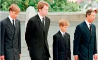  ?? AFP ?? Prince Harry (second right) walks with other family members outside Westminste­r Abbey during the funeral service for his mother Diana, on September 6, 1997. —