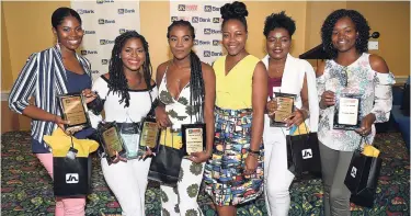  ??  ?? Shanna-Kaye Wright (third right), youth marketing officer, JN WAY programme at the JN Bank, is pictured with the recipients of the JN WAY 2018 Awards, held at The Knutsford Court Hotel in New Kingston on May 22. From left are Shaneece Thomas, Marketer...