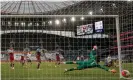  ??  ?? Tottenham’s Son Heung-min finds the net with a low shot shortly before half-time but the effort was ruled out for offside. Photograph: Tom Jenkins/NMC Pool/The Guardian