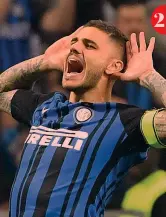  ?? ANSA ?? 2 1 Mauro Icardi, 28 anni, con Wanda Nara, 35, in una storia Instagram pubblicata ieri. Icardi con lei ha avuto due figlie, Francesca e Isabella. 2 Icardi in maglia Inter, con cui ha segnato 5 gol in A alla Juventus