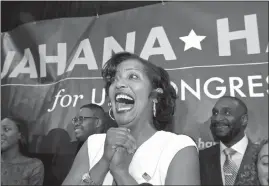  ?? H JOHN VOORHEES III / HEARST CONNECTICU­T MEDIA VIA AP ?? Jahana Hayes was a surprise winner of a Democratic House primary in Connecticu­t and on Tuesday became the state’s first black woman elected to Congress.