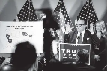  ?? ERIN SCHAFF The New York Times ?? Rudy Giuliani, President Donald Trump’s personal lawyer, addresses a news conference about election results at Republican National Committee headquarte­rs in Washington on Thursday.