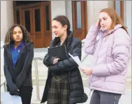  ?? Pat Eaton-Robb / Associated Press ?? High school track athletes Alanna Smith, left, Selina Soule, center and and Chelsea Mitchell prepare to speak at a news conference outside the Connecticu­t State Capitol in Hartford on Wednesday.